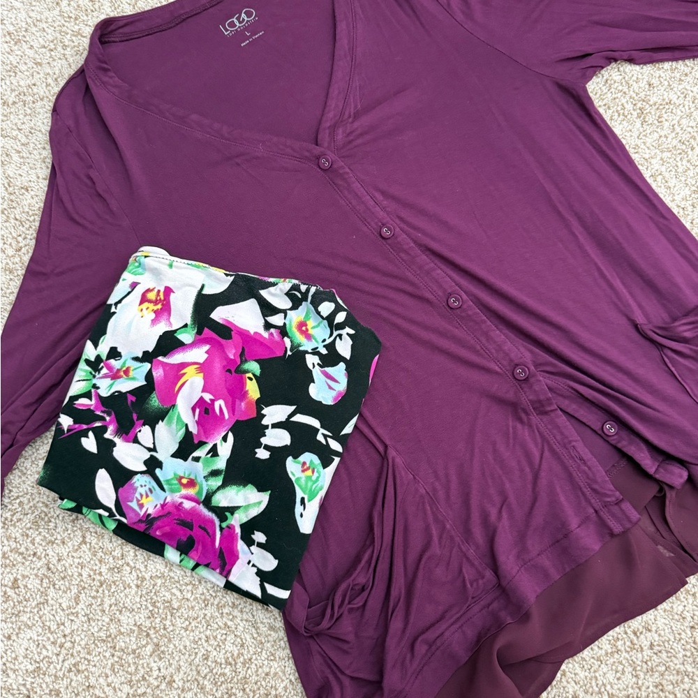 LOGO by Lori Goldstein Deep Purple Button Down Cardigan with sheer bottom detail